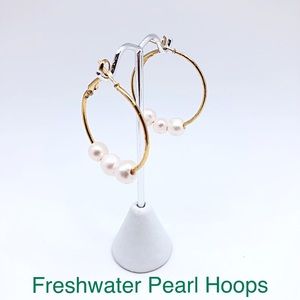 White Freshwater Pearl Gold Hoops 35mm, 1 1/4”, Ships in Gift Box, NWT